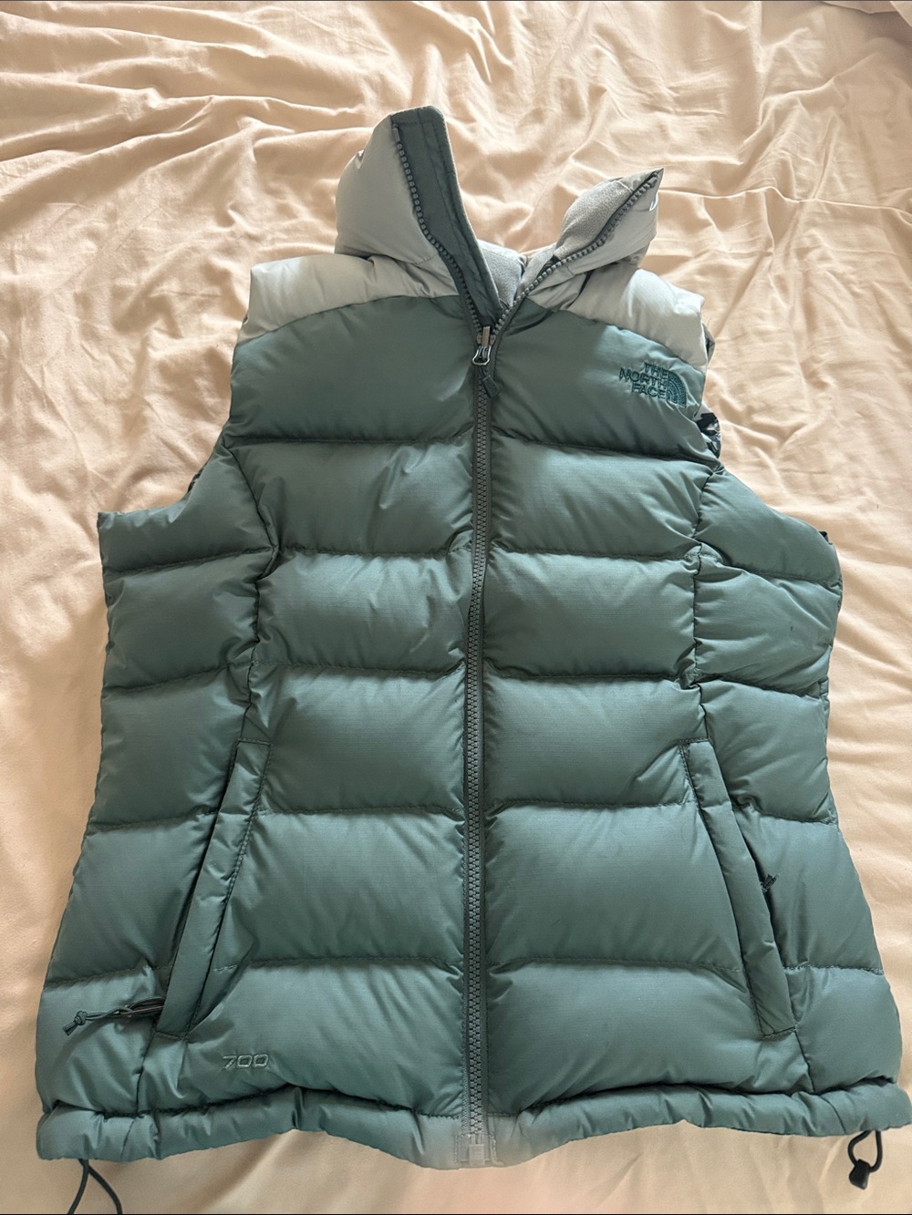 The North Face Women's Teal Green Puffer Vest with Hood
